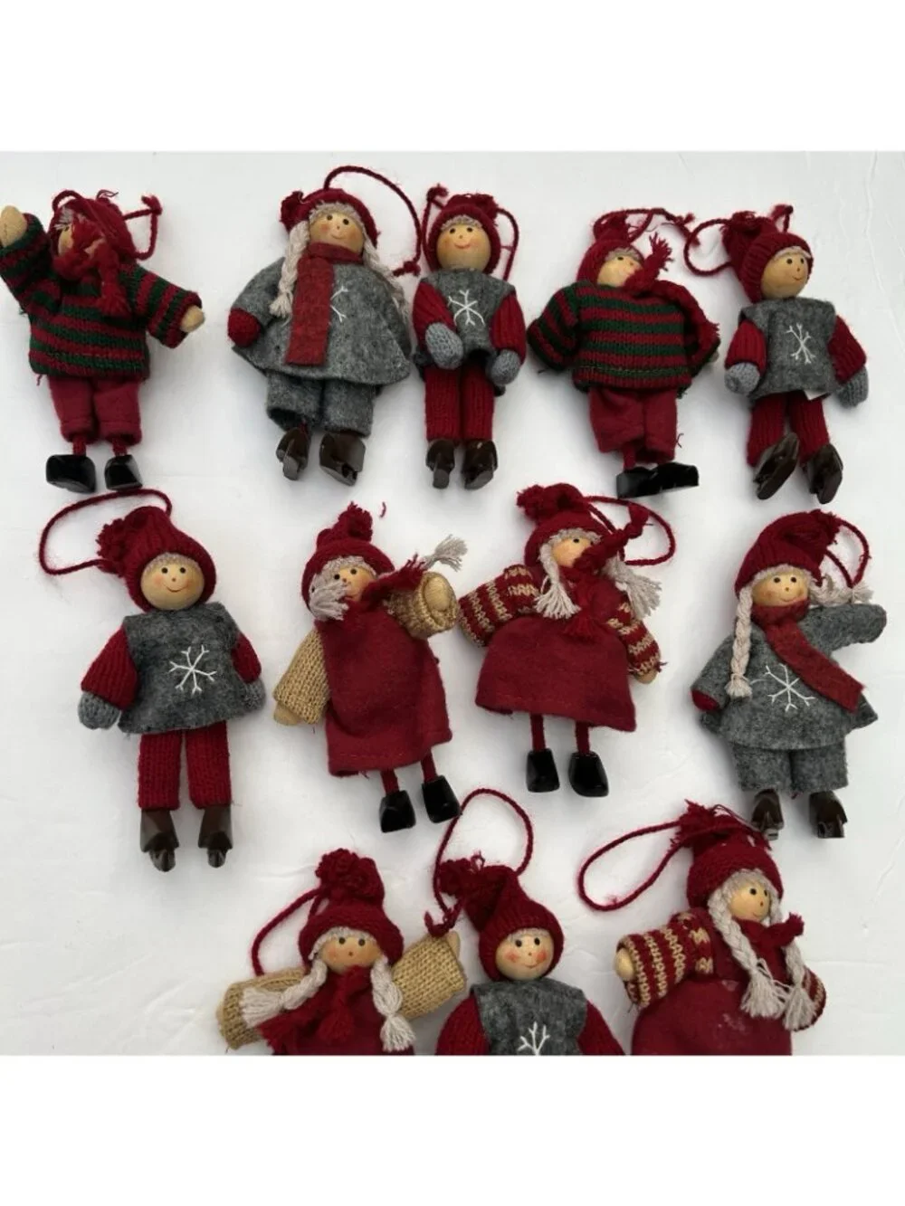 Vintage Set of 12 Tomte Nisse Boys Girls Wooden Felt Handmade Ornaments Holiday